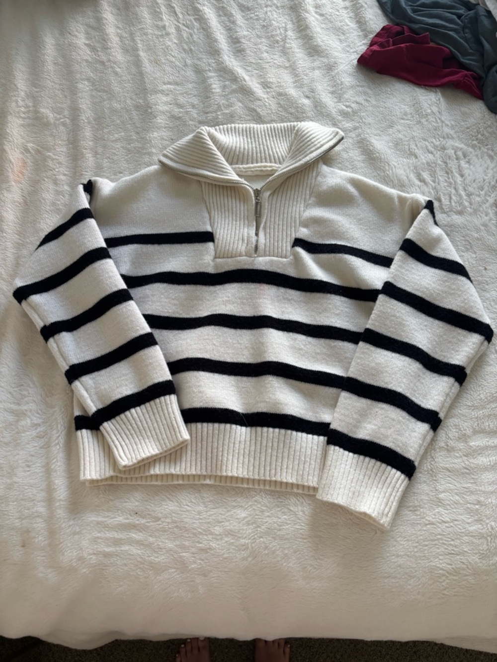 Striped Half-Zip Collar Sweater - White with Black Stripes